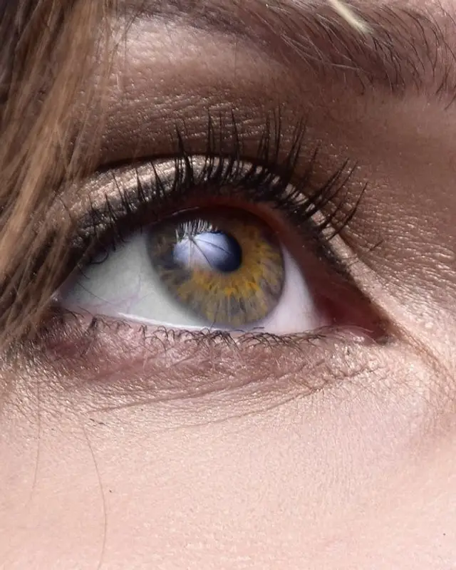 Close-up of an eye with defined, dark lashes and soft brown eye makeup